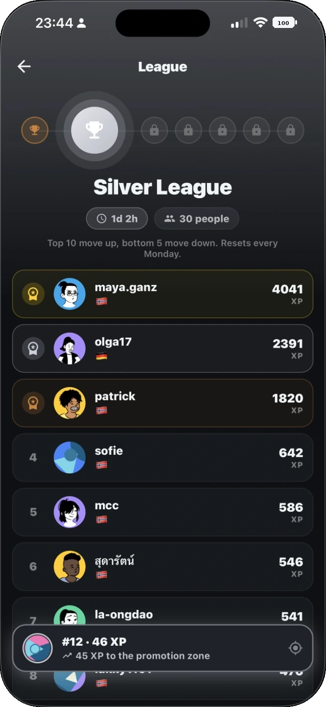 Hinbun Silver League showing personal progress and weekly ranking