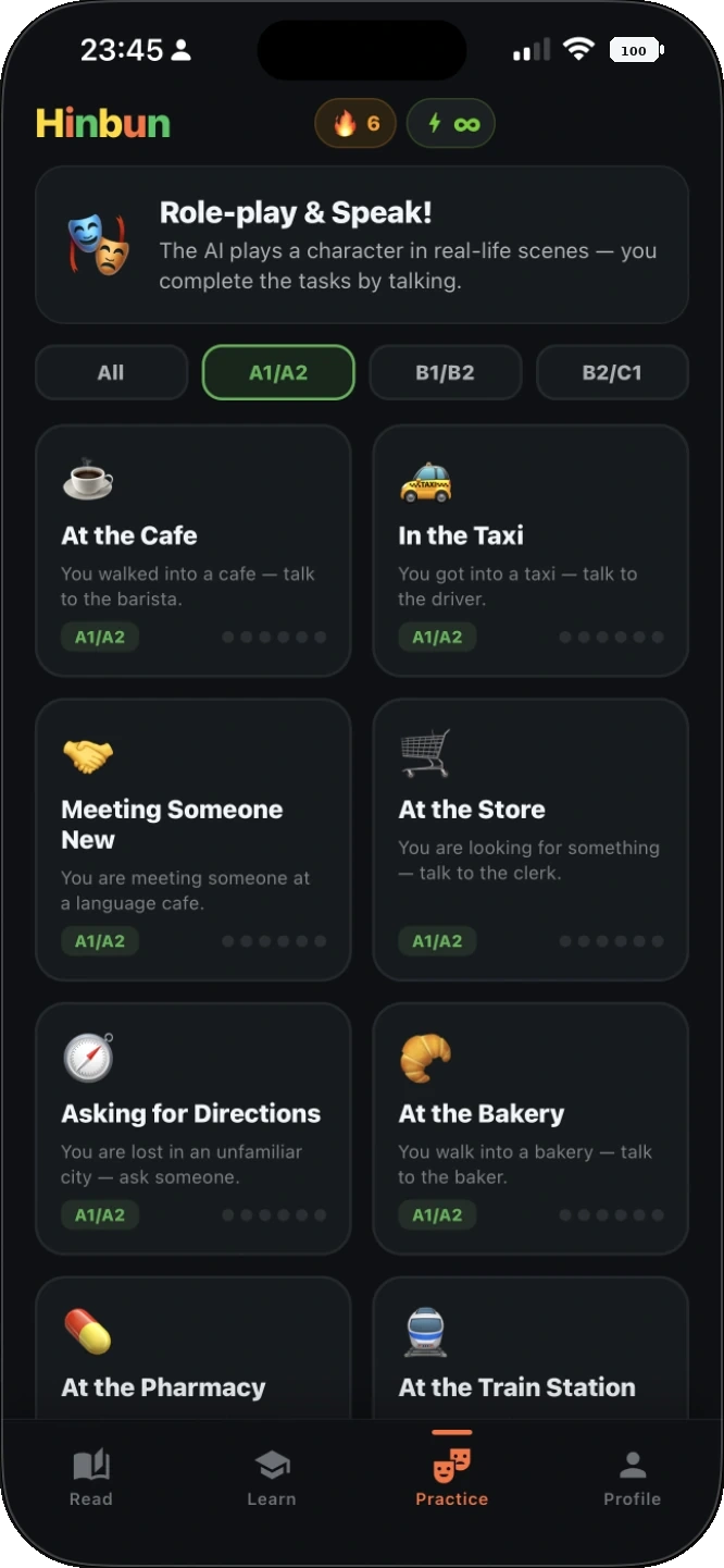 Hinbun Norwegian role-play and speaking practice for everyday situations