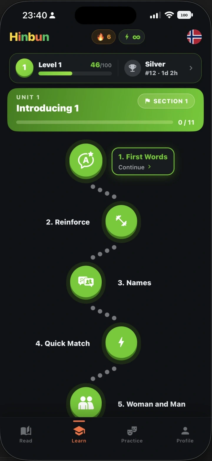 Hinbun Norwegian learning path with practical lessons